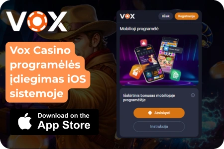 Vox Casino registracijos puslapis ir reklaminis skydelis su sveikinimo pasiūlymu